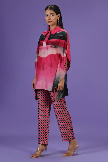 Label Radini_Pink Silk Collared Rosé Noir Kaftan And Pant Set _Online_at_Aza_Fashions