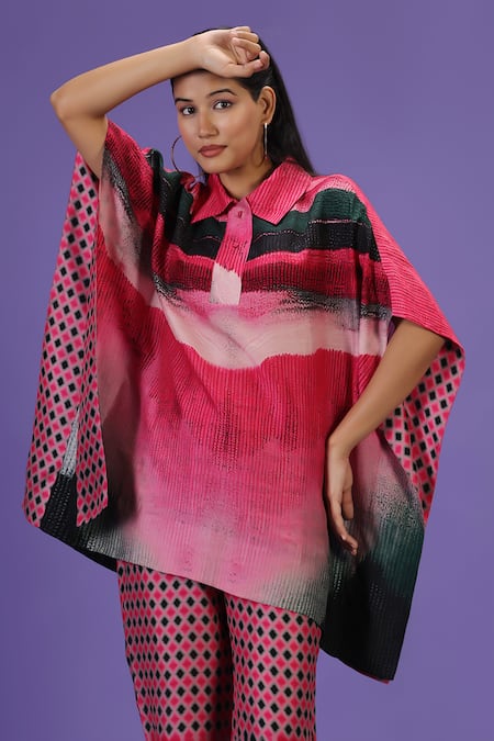 Label Radini_Pink Silk Collared Rosé Noir Kaftan And Pant Set _at_Aza_Fashions