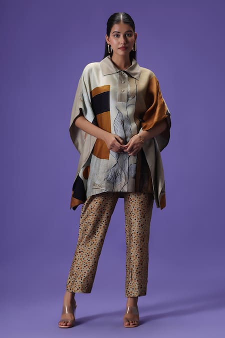 LABEL RADINI Gray Silk Collared Mocha Mirage Kaftan Set 
