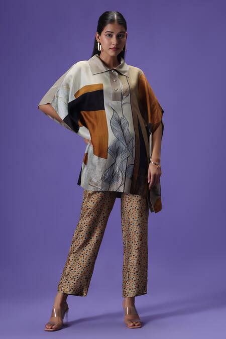 Label Radini_Gray Silk Collared Mocha Mirage Kaftan Set _Online_at_Aza_Fashions