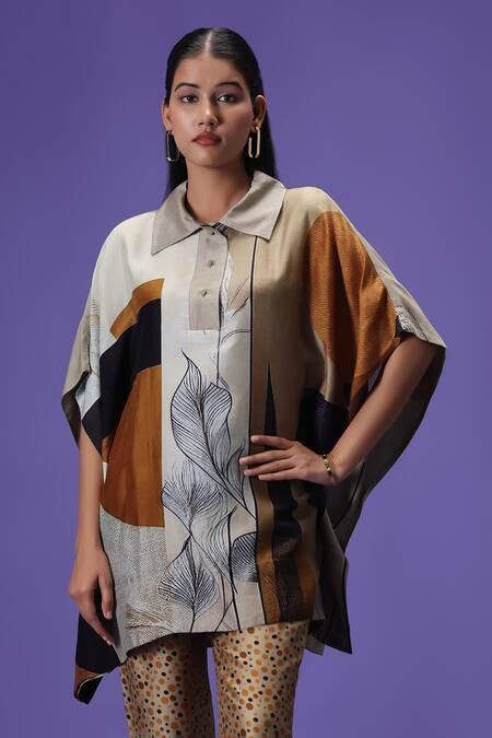 Shop_Label Radini_Gray Silk Collared Mocha Mirage Kaftan Set _Online_at_Aza_Fashions