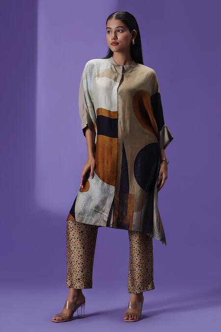 Label Radini_Gray Silk Collared Earthern Luxe Kaftan And Pant Set _Online_at_Aza_Fashions