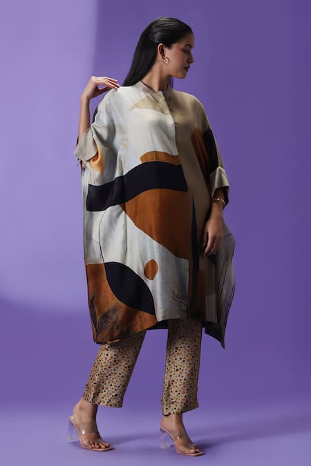 Buy_Label Radini_Gray Silk Collared Earthern Luxe Kaftan And Pant Set _Online_at_Aza_Fashions