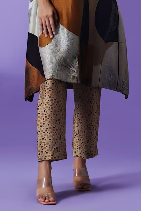 Shop_Label Radini_Gray Silk Collared Earthern Luxe Kaftan And Pant Set _Online_at_Aza_Fashions