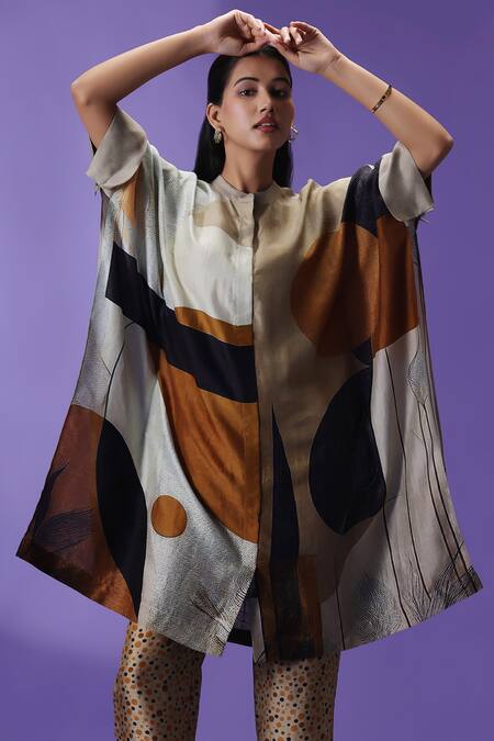 Label Radini_Gray Silk Collared Earthern Luxe Kaftan And Pant Set _at_Aza_Fashions