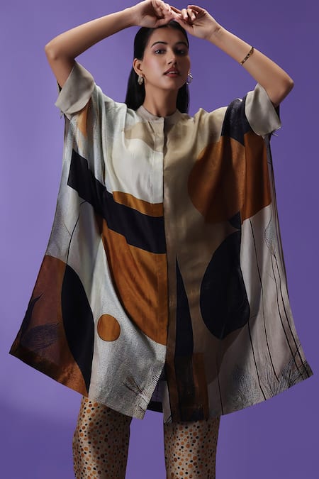 Buy_Label Radini_Gray Silk Collared Earthern Luxe Kaftan And Pant Set 