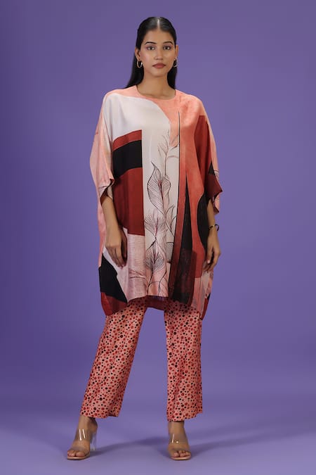 LABEL RADINI Brown Silk Round Neck Amber Drift Short Kaftan Set 