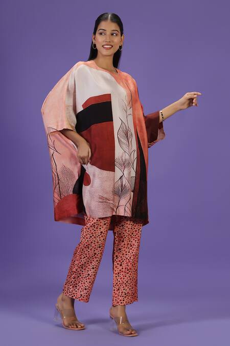 Label Radini_Brown Silk Round Neck Amber Drift Short Kaftan Set _Online_at_Aza_Fashions