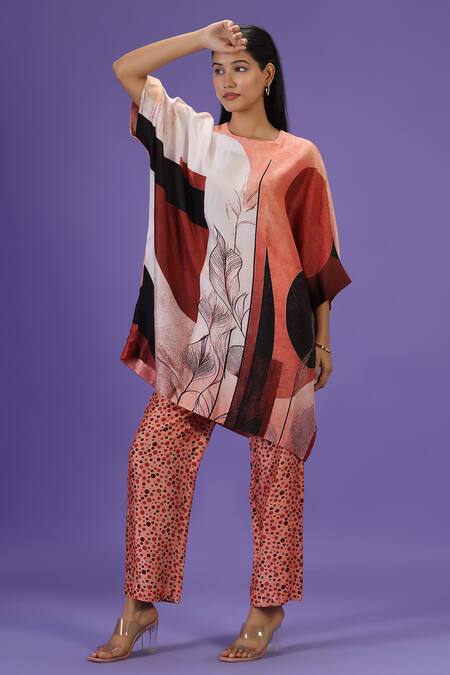 Shop_Label Radini_Brown Silk Round Neck Amber Drift Short Kaftan Set _Online_at_Aza_Fashions