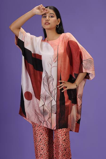 Label Radini_Brown Silk Round Neck Amber Drift Short Kaftan Set _at_Aza_Fashions