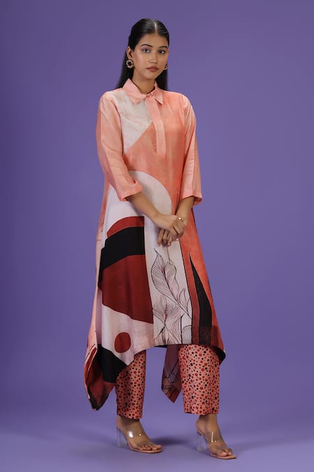 Label Radini_Brown Silk Embroidery Collared Sunset Serenade Printed Kurta Set _Online_at_Aza_Fashions