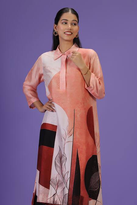 Buy_Label Radini_Brown Silk Embroidery Collared Sunset Serenade Printed Kurta Set _Online_at_Aza_Fashions