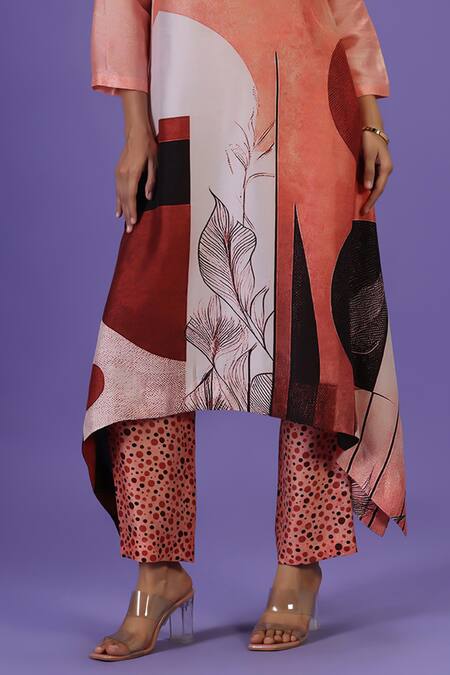 Shop_Label Radini_Brown Silk Embroidery Collared Sunset Serenade Printed Kurta Set _Online_at_Aza_Fashions