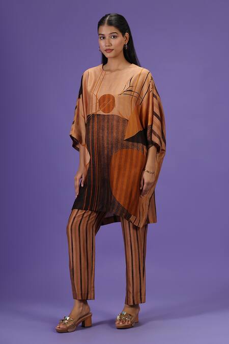 Shop_Label Radini_Brown Silk Round Neck Dusk Horizon Printed Kurta Set _Online_at_Aza_Fashions