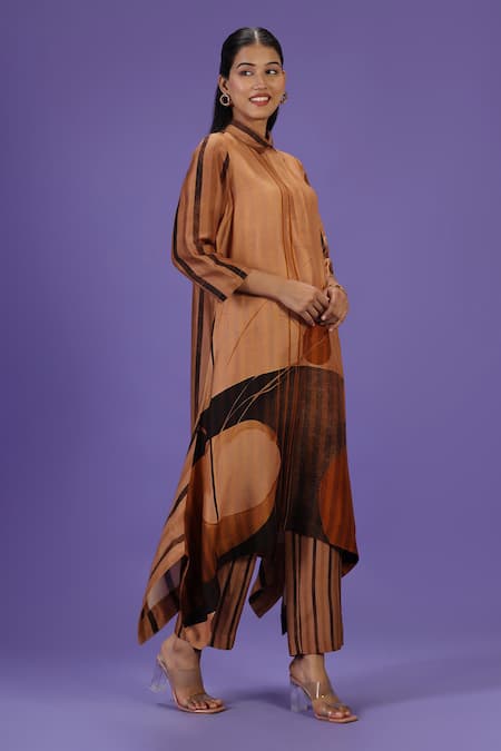 Label Radini_Brown Silk Collared Royale Mirage Long Kurta Set _Online_at_Aza_Fashions