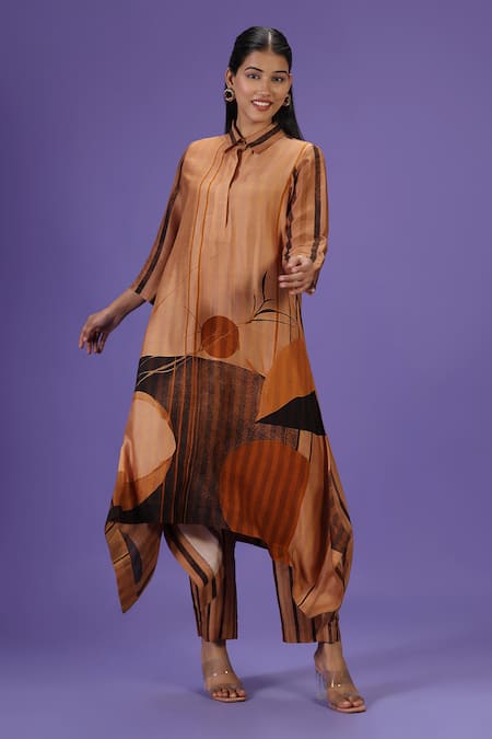 Buy_Label Radini_Brown Silk Collared Royale Mirage Long Kurta Set _Online_at_Aza_Fashions
