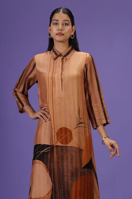Shop_Label Radini_Brown Silk Collared Royale Mirage Long Kurta Set _Online_at_Aza_Fashions