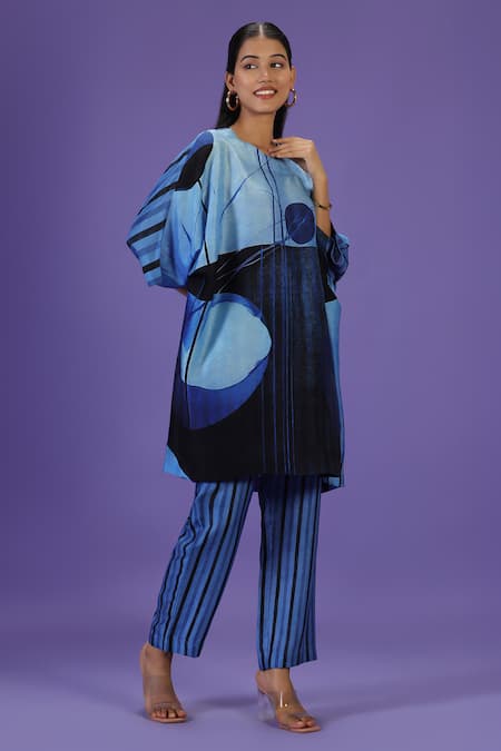 Label Radini_Blue Silk Round Neck Mirage Short Kurta Set _Online_at_Aza_Fashions