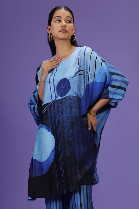 Shop_Label Radini_Blue Silk Round Neck Mirage Short Kurta Set _Online_at_Aza_Fashions
