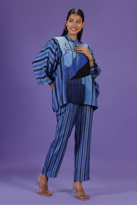 Label Radini_Blue Silk Mandarin Collar Sapphire Breeze Kaftan Coord Set _Online_at_Aza_Fashions