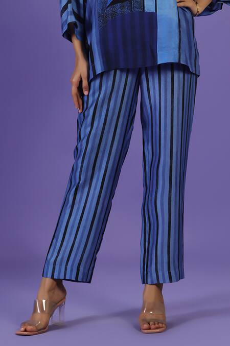 Buy_Label Radini_Blue Silk Mandarin Collar Sapphire Breeze Kaftan Coord Set _Online_at_Aza_Fashions