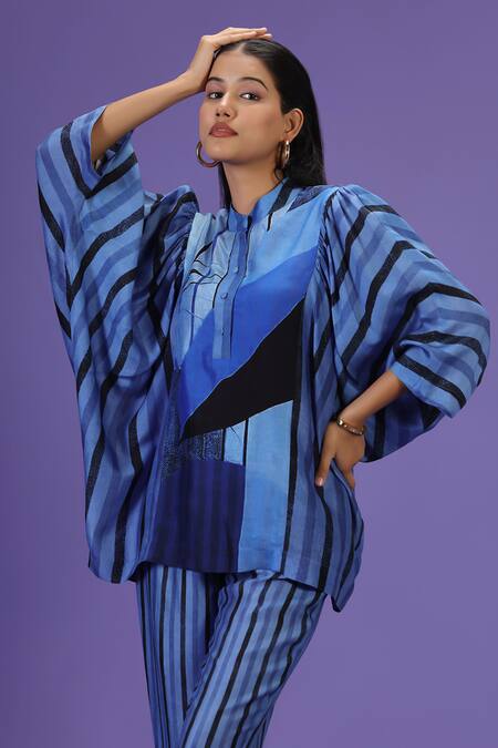 Shop_Label Radini_Blue Silk Mandarin Collar Sapphire Breeze Kaftan Coord Set _Online_at_Aza_Fashions