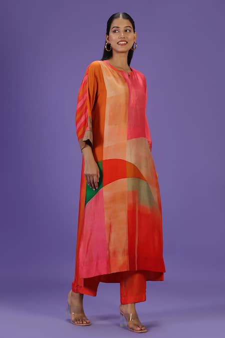 Label Radini_Pink Silk Keyhole Neck Vermilion Aura Long Kurta Set _Online_at_Aza_Fashions