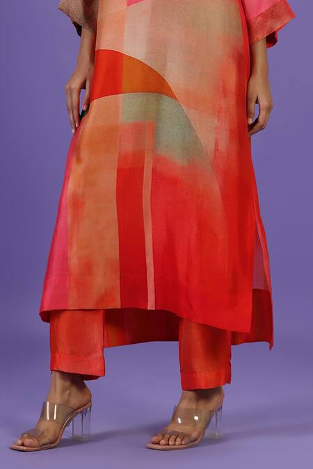 Shop_Label Radini_Pink Silk Keyhole Neck Vermilion Aura Long Kurta Set _Online_at_Aza_Fashions