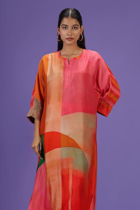 Label Radini_Pink Silk Keyhole Neck Vermilion Aura Long Kurta Set _at_Aza_Fashions