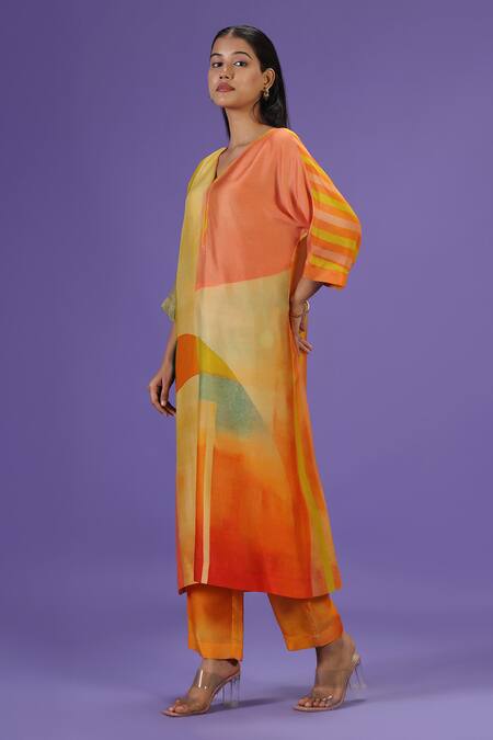 Label Radini_Multi Color Silk V-neck Sunkissed Aura Long Kurta Set _Online_at_Aza_Fashions