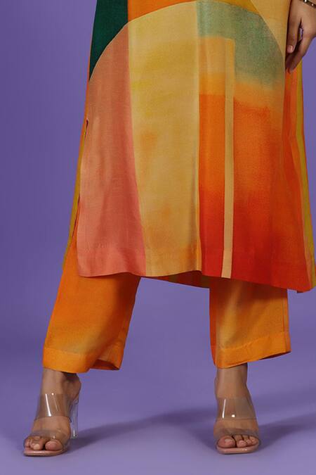 Buy_Label Radini_Multi Color Silk V-neck Sunkissed Aura Long Kurta Set _Online_at_Aza_Fashions