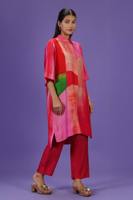 Label Radini_Pink Silk Collared Color Block Printed Kurta Set _Online_at_Aza_Fashions
