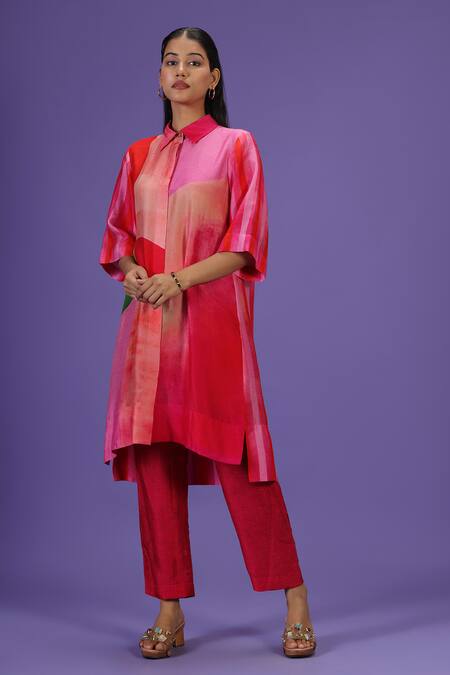 Buy_Label Radini_Pink Silk Collared Color Block Printed Kurta Set _Online_at_Aza_Fashions