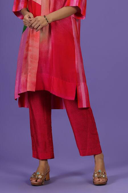 Shop_Label Radini_Pink Silk Collared Color Block Printed Kurta Set _Online_at_Aza_Fashions