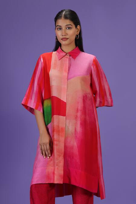 Label Radini_Pink Silk Collared Color Block Printed Kurta Set _at_Aza_Fashions