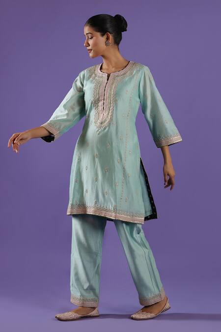 Label Radini_Sky Blue Chanderi Embroidery Round , Keyhole Tilla Kurta Set _Online_at_Aza_Fashions