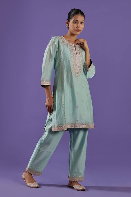 Buy_Label Radini_Sky Blue Chanderi Embroidery Round , Keyhole Tilla Kurta Set _Online_at_Aza_Fashions
