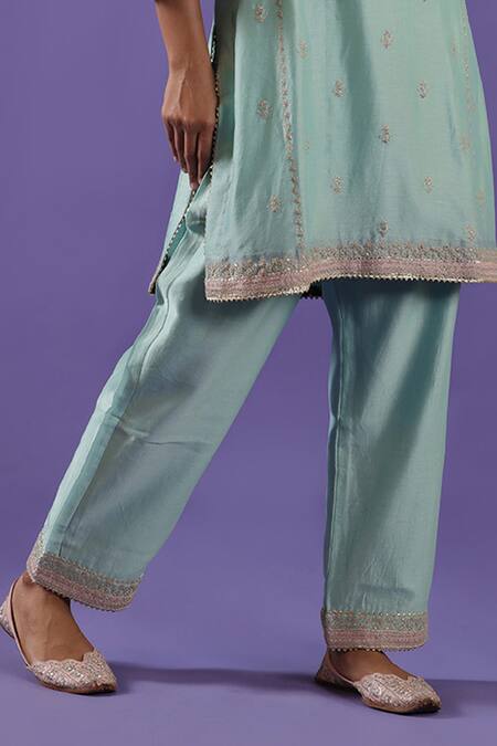 Shop_Label Radini_Sky Blue Chanderi Embroidery Round , Keyhole Tilla Kurta Set _Online_at_Aza_Fashions