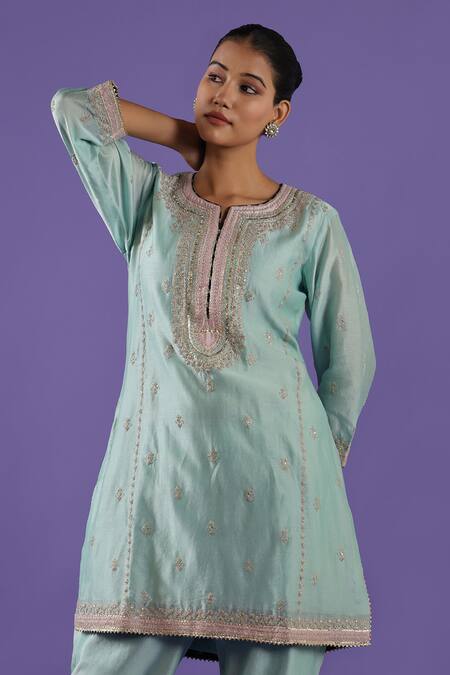 Label Radini_Sky Blue Chanderi Embroidery Round , Keyhole Tilla Kurta Set _at_Aza_Fashions