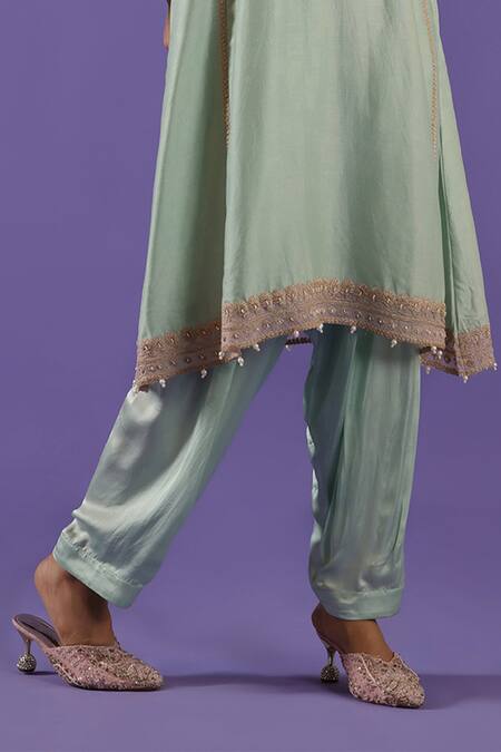 Label Radini_Blue Chanderi Embroidery V-neck Pastel Kashmiri Tilla Set _Online_at_Aza_Fashions
