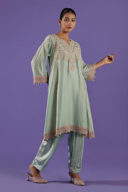 Buy_Label Radini_Blue Chanderi Embroidery V-neck Pastel Kashmiri Tilla Set _Online_at_Aza_Fashions