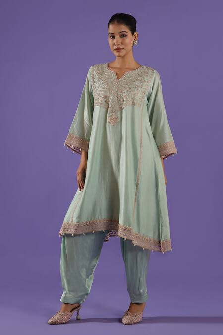 Shop_Label Radini_Blue Chanderi Embroidery V-neck Pastel Kashmiri Tilla Set _Online_at_Aza_Fashions