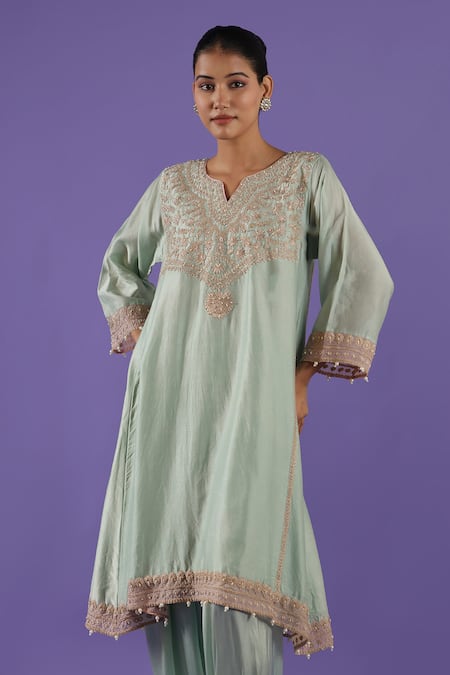 Label Radini_Blue Chanderi Embroidery V-neck Pastel Kashmiri Tilla Set _at_Aza_Fashions