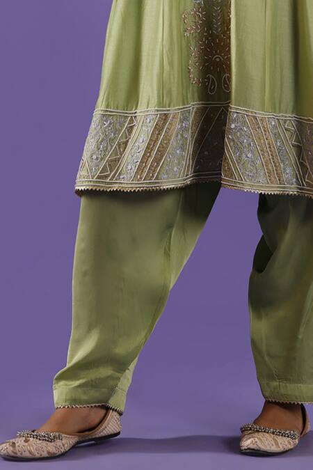 Label Radini_Mint Chanderi Pearls, Embroidery Round Neck Green Aari Suit Set _Online_at_Aza_Fashions