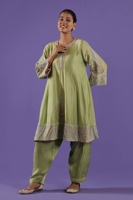 Buy_Label Radini_Mint Chanderi Pearls, Embroidery Round Neck Green Aari Suit Set _Online_at_Aza_Fashions