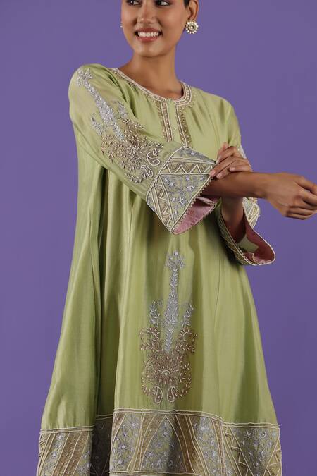Shop_Label Radini_Mint Chanderi Pearls, Embroidery Round Neck Green Aari Suit Set _Online_at_Aza_Fashions