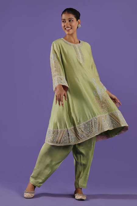 Label Radini_Mint Chanderi Pearls, Embroidery Round Neck Green Aari Suit Set _at_Aza_Fashions