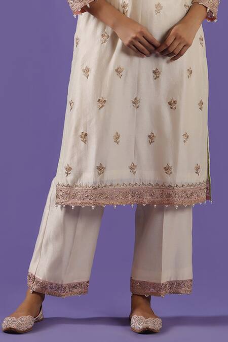 Shop_Label Radini_Ivory Chanderi Zari V-neck Pearl Kurta Set _Online_at_Aza_Fashions