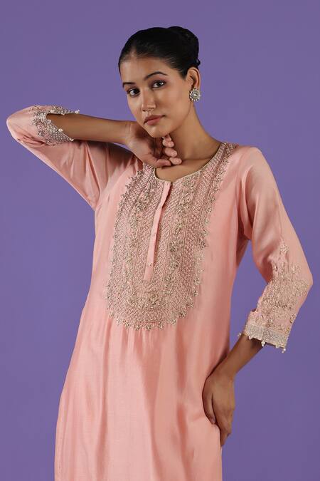 Label Radini_Peach Chanderi Embroidery Round Neck Tilla Kurta Set _at_Aza_Fashions
