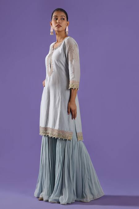 Label Radini_Blue Chanderi Embroidery Round Neck Mist Sharara Set _Online_at_Aza_Fashions